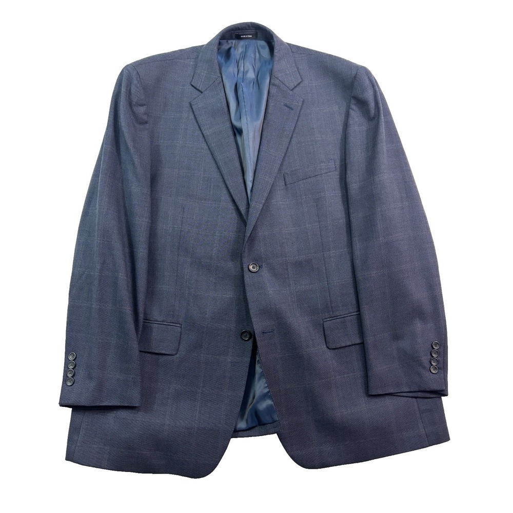 Joseph Feiss 48L Navy Blue Tan Windowpane Blazer Jacket Sport Suit Coat Wool